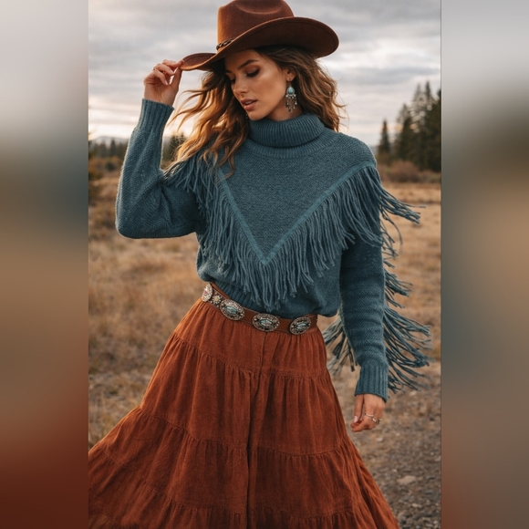 Miss Sparkling Sweaters - Miss Sparkling Fringe Turtleneck Sweater Boho Western Teal Medium